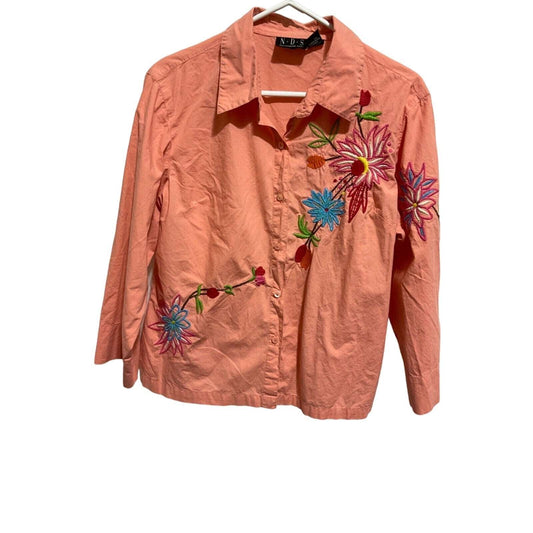 N.D.S New Direction Sport Peach Embroidered Shirt L Cotton Long Sleeve