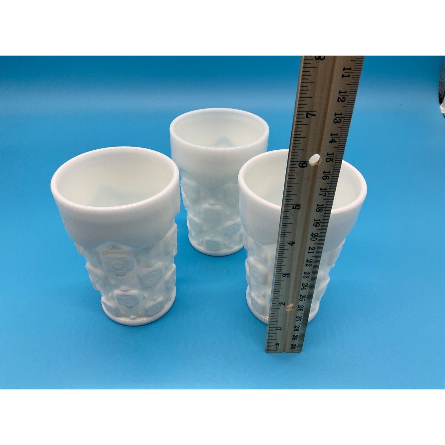 Set of 3 White Milk Glass Tumblers, Cubist Pattern, 5" Tall, Vintage Drinkware