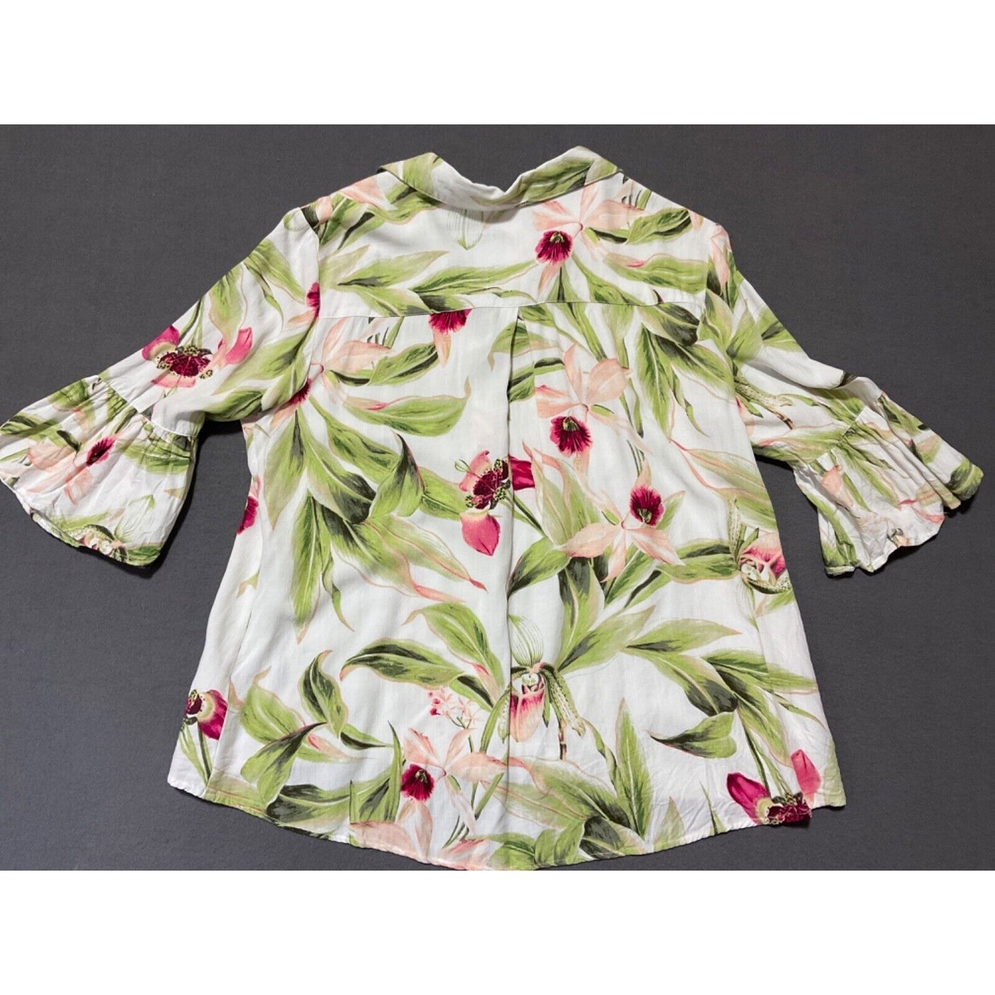 Alison Daley Dillard's Tropical Floral Bell Sleeve Blouse M Button Front