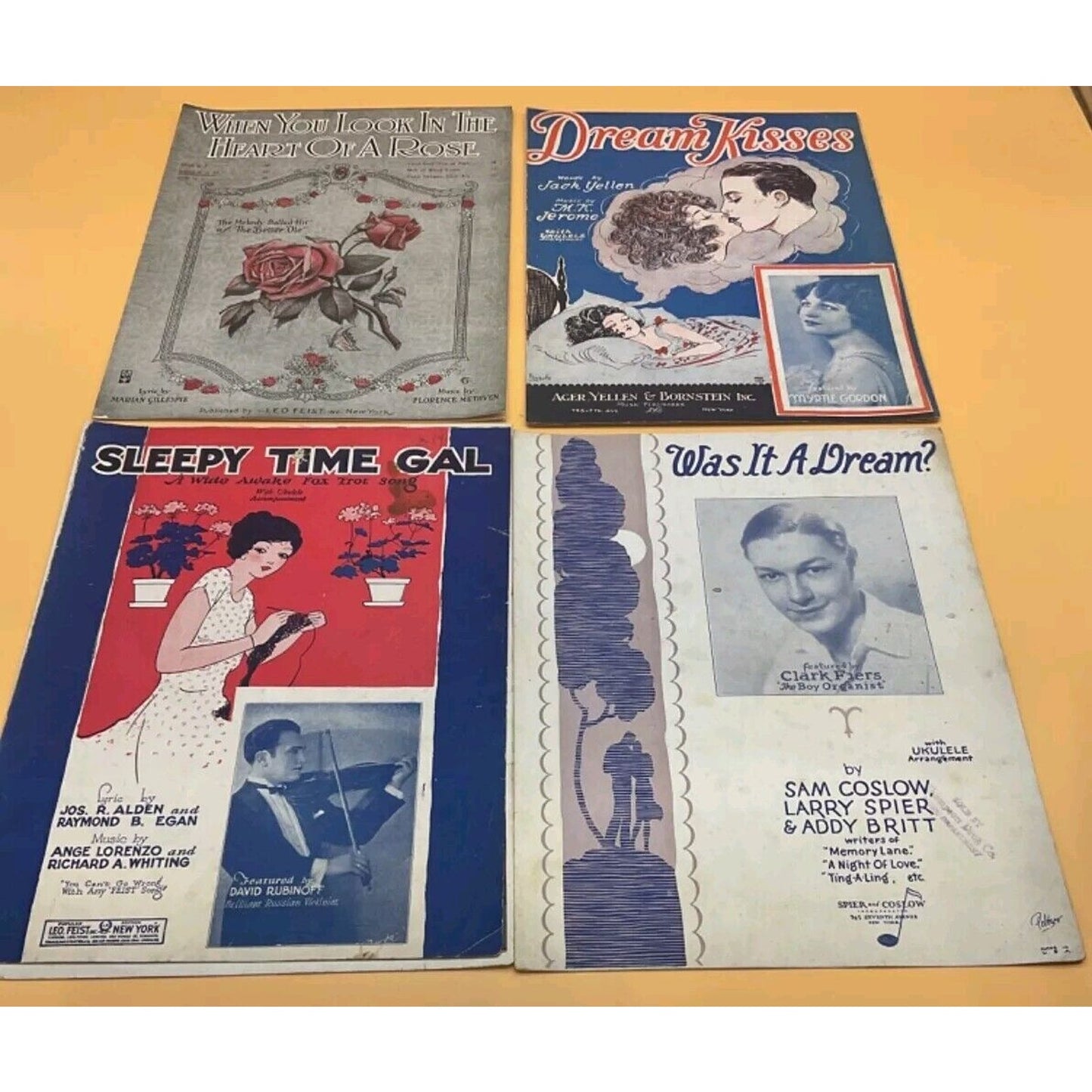 4 Vintage Sheet Music – Romantic and Dreamy Themes, "Dream Kisses," "Sleepy Time