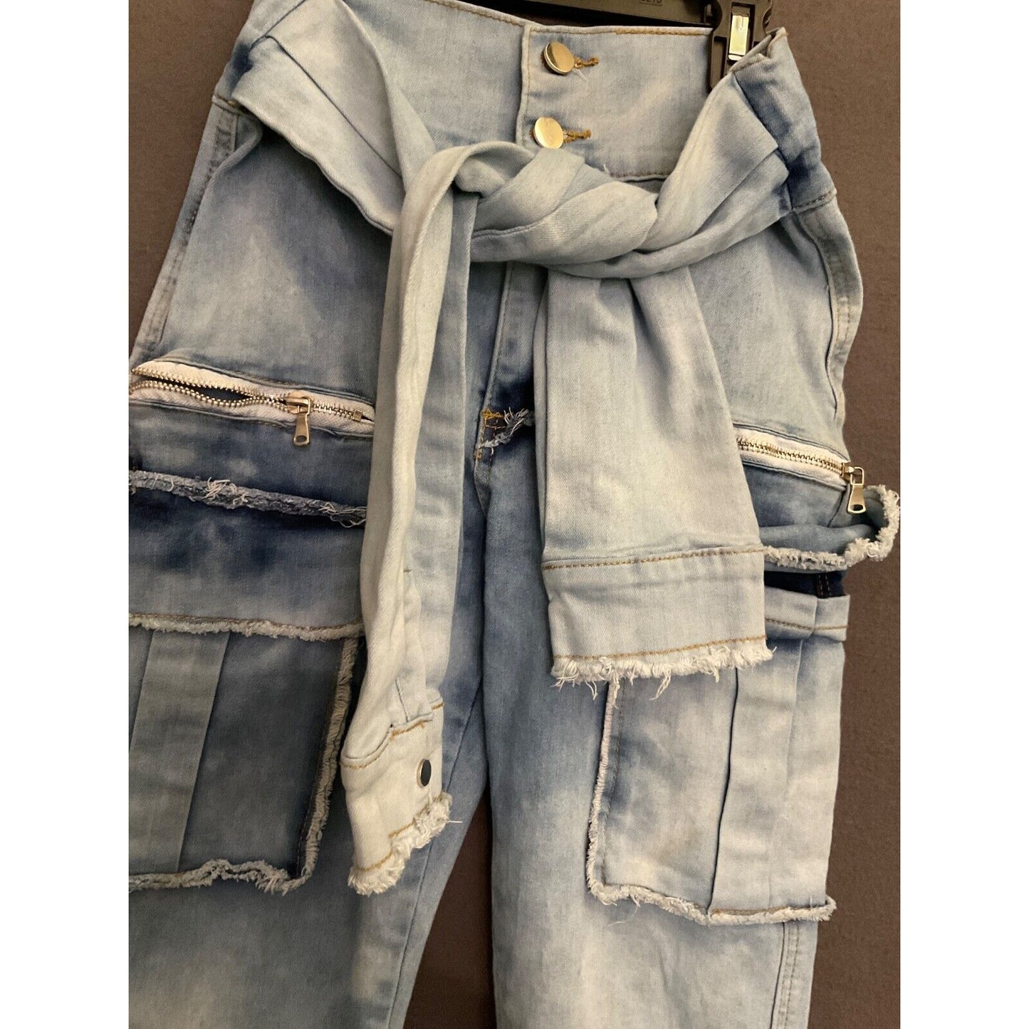 My Boo Brand Distressed High-Waisted Jeans with Tie Belt Size Small Cargo Pocket