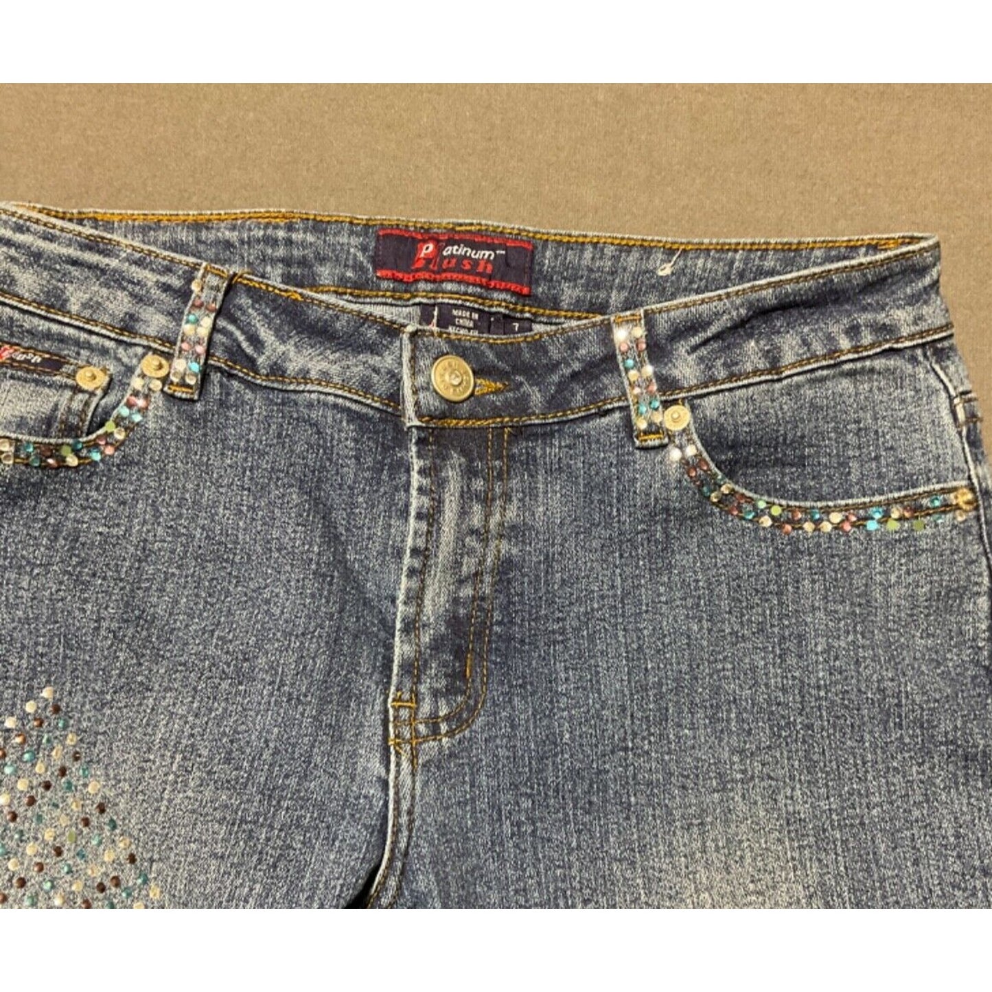 PLATINUM PLUSH Colorful RHINESTONE DENIM JEANS STYLE #9241 size 7