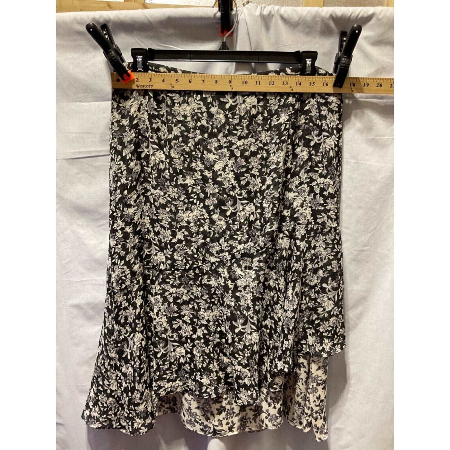 R.Q.T. Petite Asymmetric Lined Midi Skirt 14P Multi-Color Floral Elastic Waist