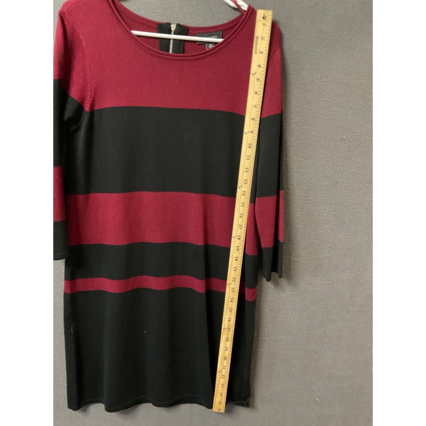 AB Studio Burgundy & Black Striped Knit Dress Medium Rayon Blend Back Zip