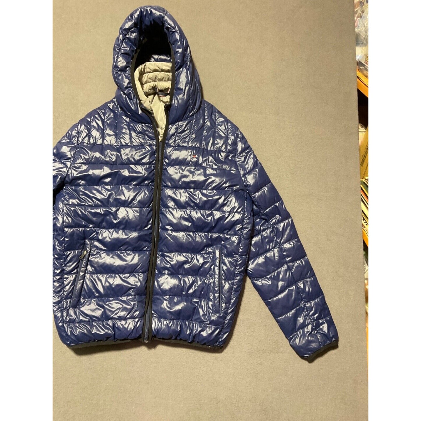 Tommy Hilfiger Hooded Quilted Puffer Jacket Large Blue Full Zip Winter Ski