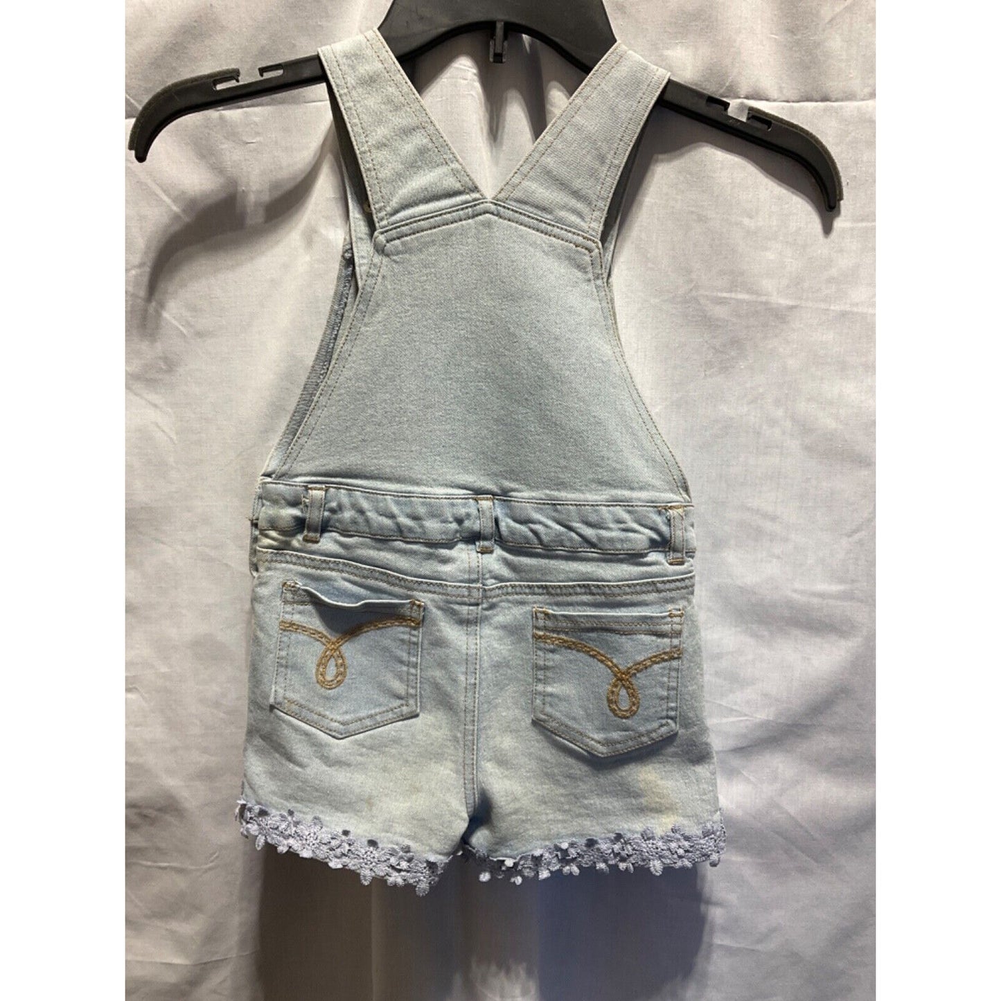 Calvin Klein Girls SZ 5 Denim Shorts Overalls Light Wash Lace Embellished Flaws