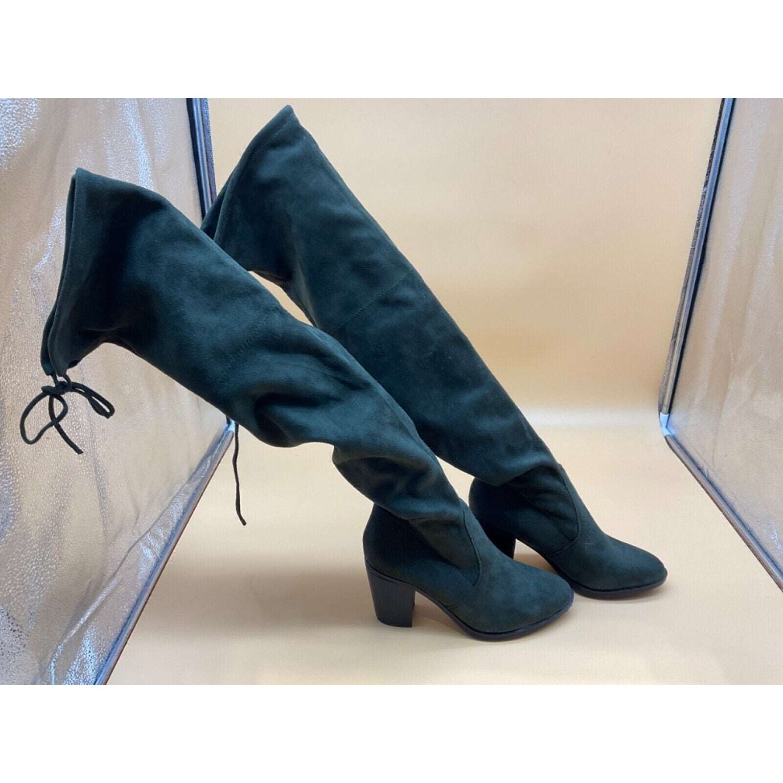 Forever Faux Suede Over-the-Knee Boots 9 Green 3.5" Heel Tie Closure