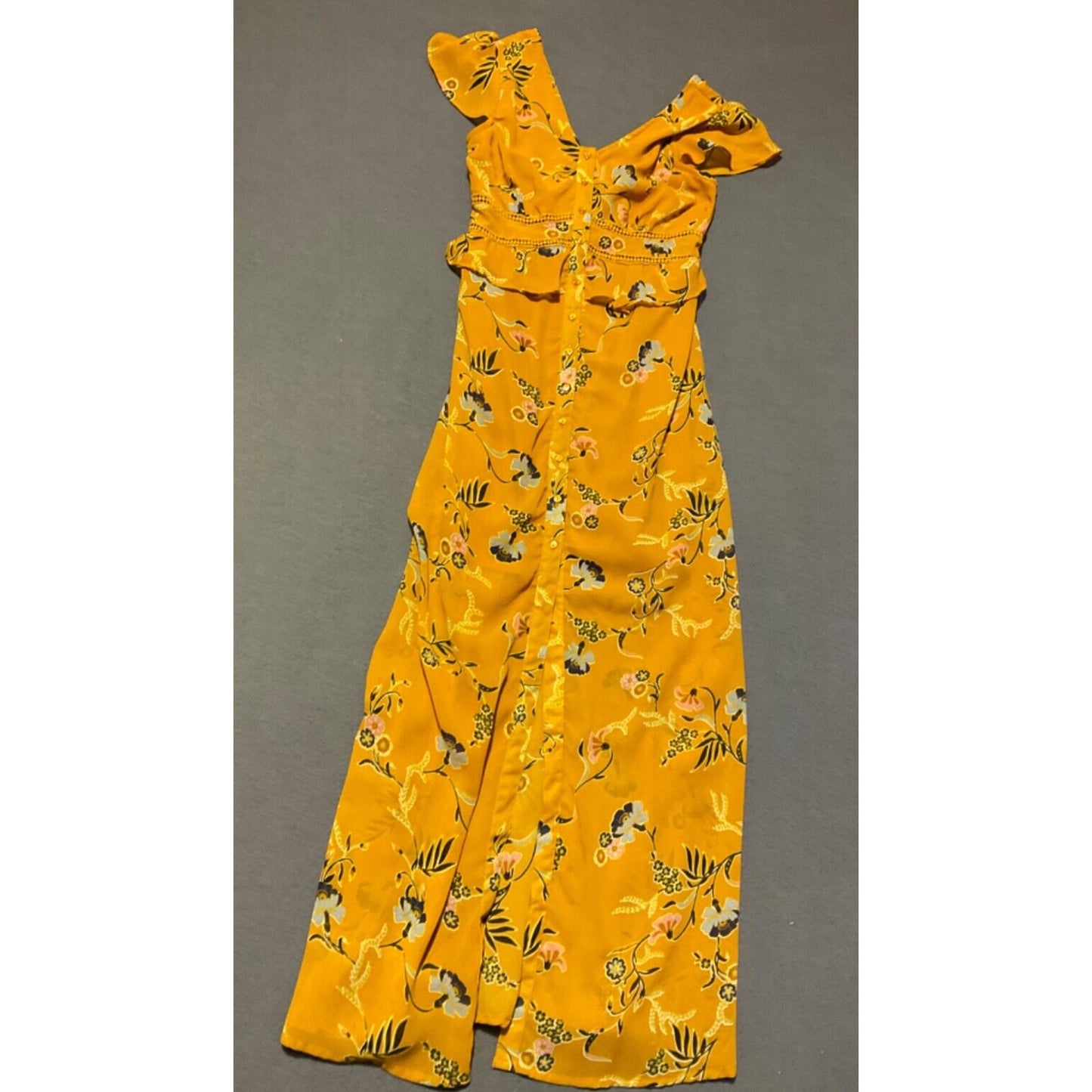 Japna S Romantic Mustard Floral Button-Up Maxi Dress Boho Festival