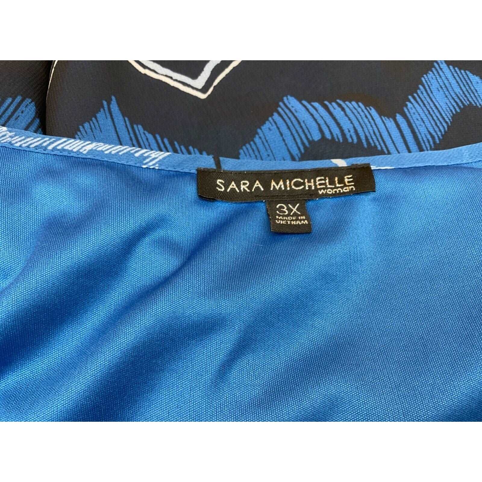 Sara Michelle 3X Blouse Blue Black White Sheer Long Sleeves Keyhole Tie