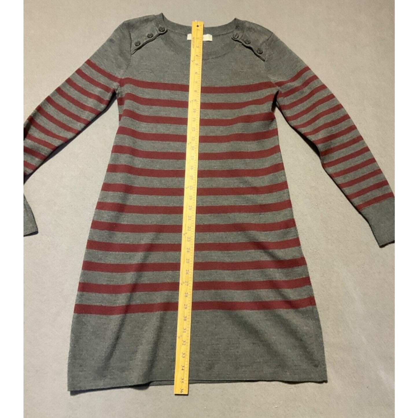 LOFT Medium Sweater Dress Gray Red Stripes Button Shoulder Wool Blend