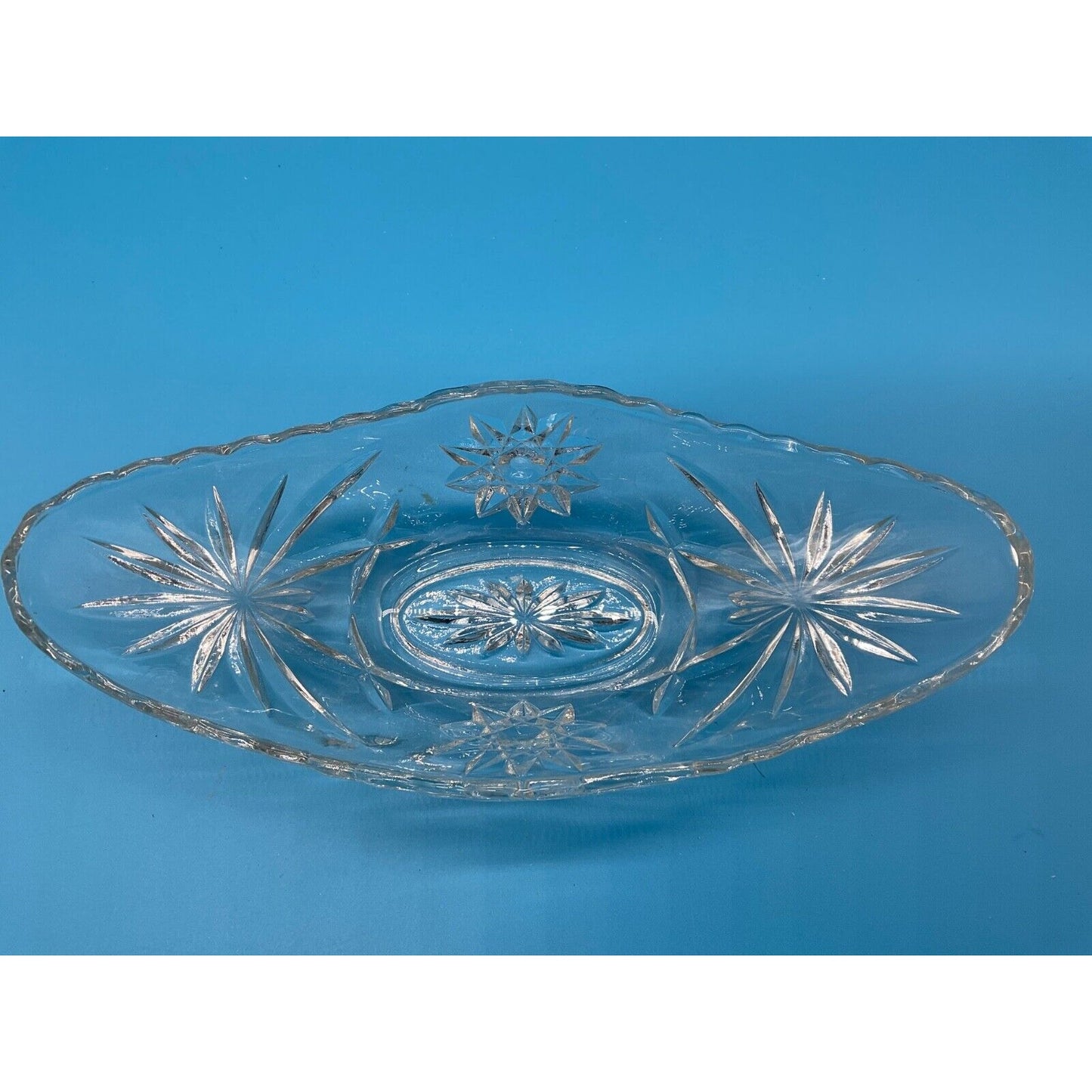 Clear Glass Oval Dish Bowl Etched Starburst Design 9" Long 4" Wide Vintage