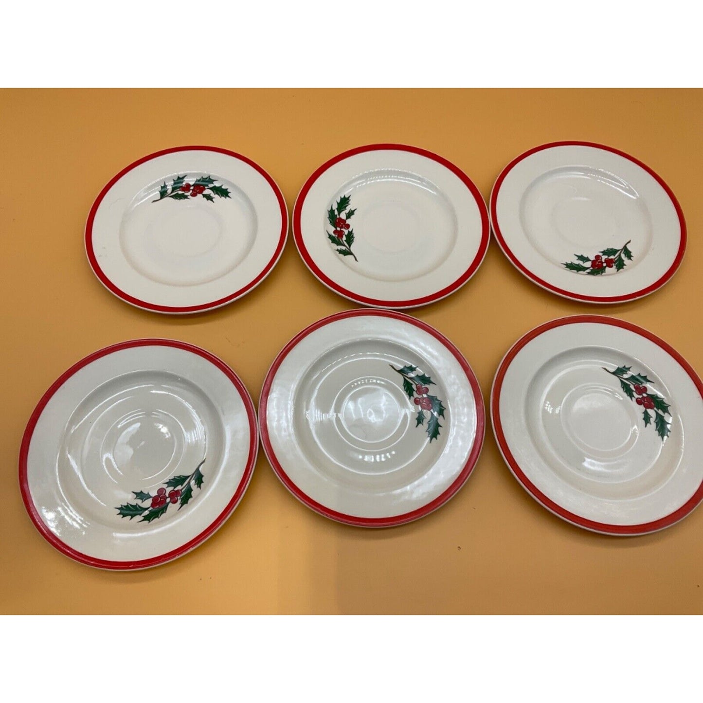 Set of 6 Taylor Smith Taylor Holly Spruce Saucer Plates 6.5" Christmas Red