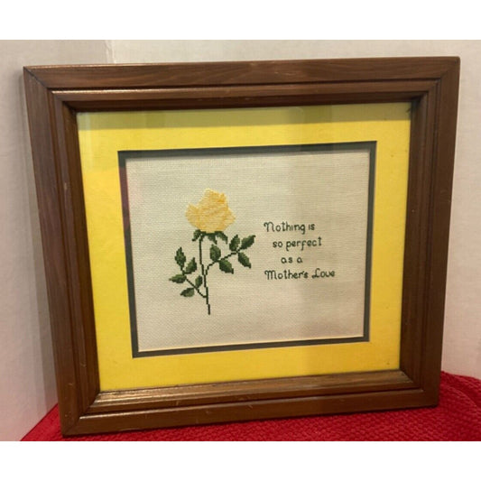 Vintage Finished Cross Stitch Art Yellow Rose Picture Framed  Mother’s Love Gift