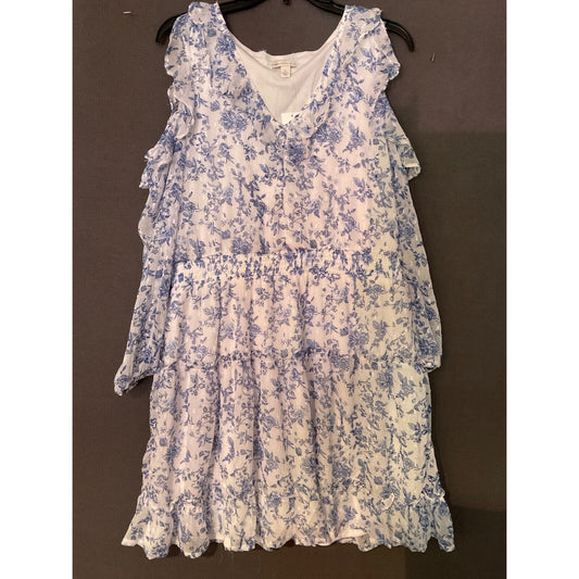 Cato Women’s Floral Ruffle Size L Blue White Tiered Cold Shoulder Sleeve Boho