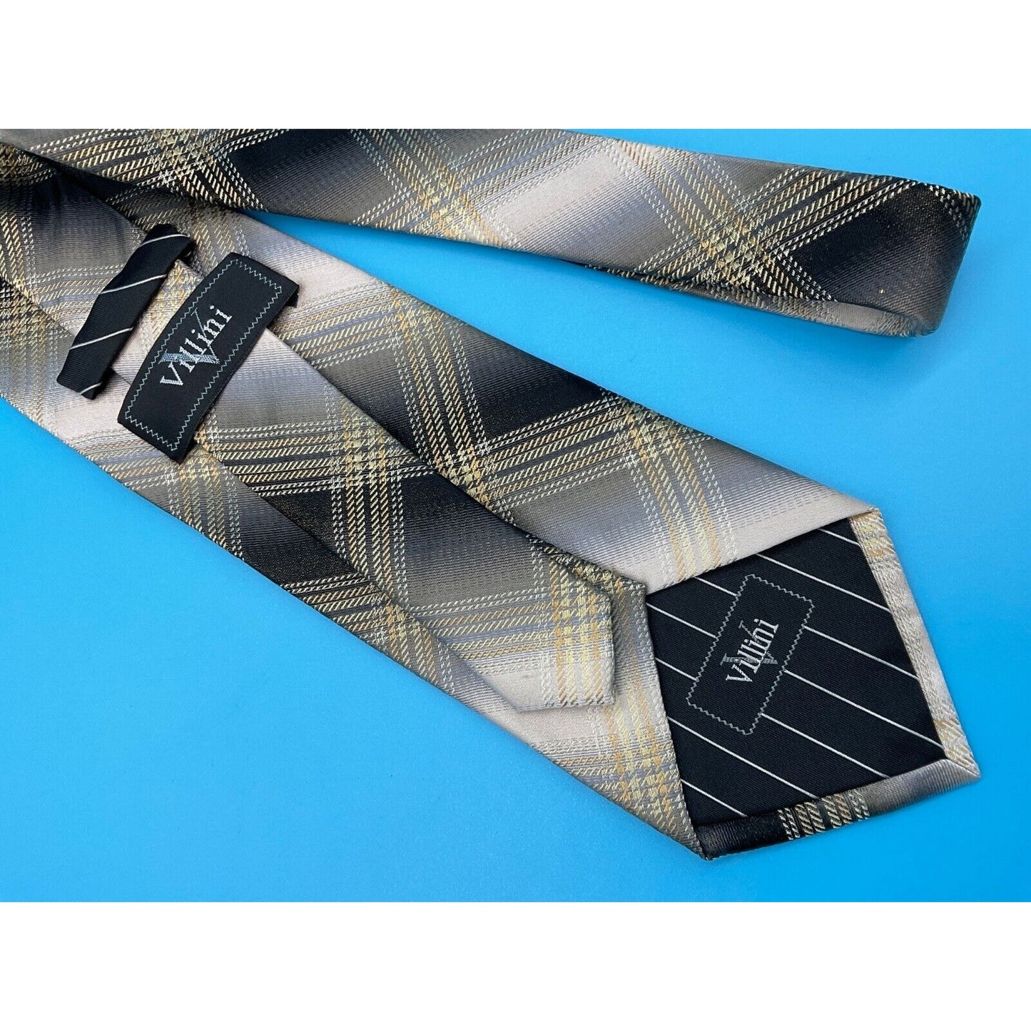 Villini 100% Silk Tie Plaid Gold/Brown Checkered Pattern Men’s 3.75" Classic