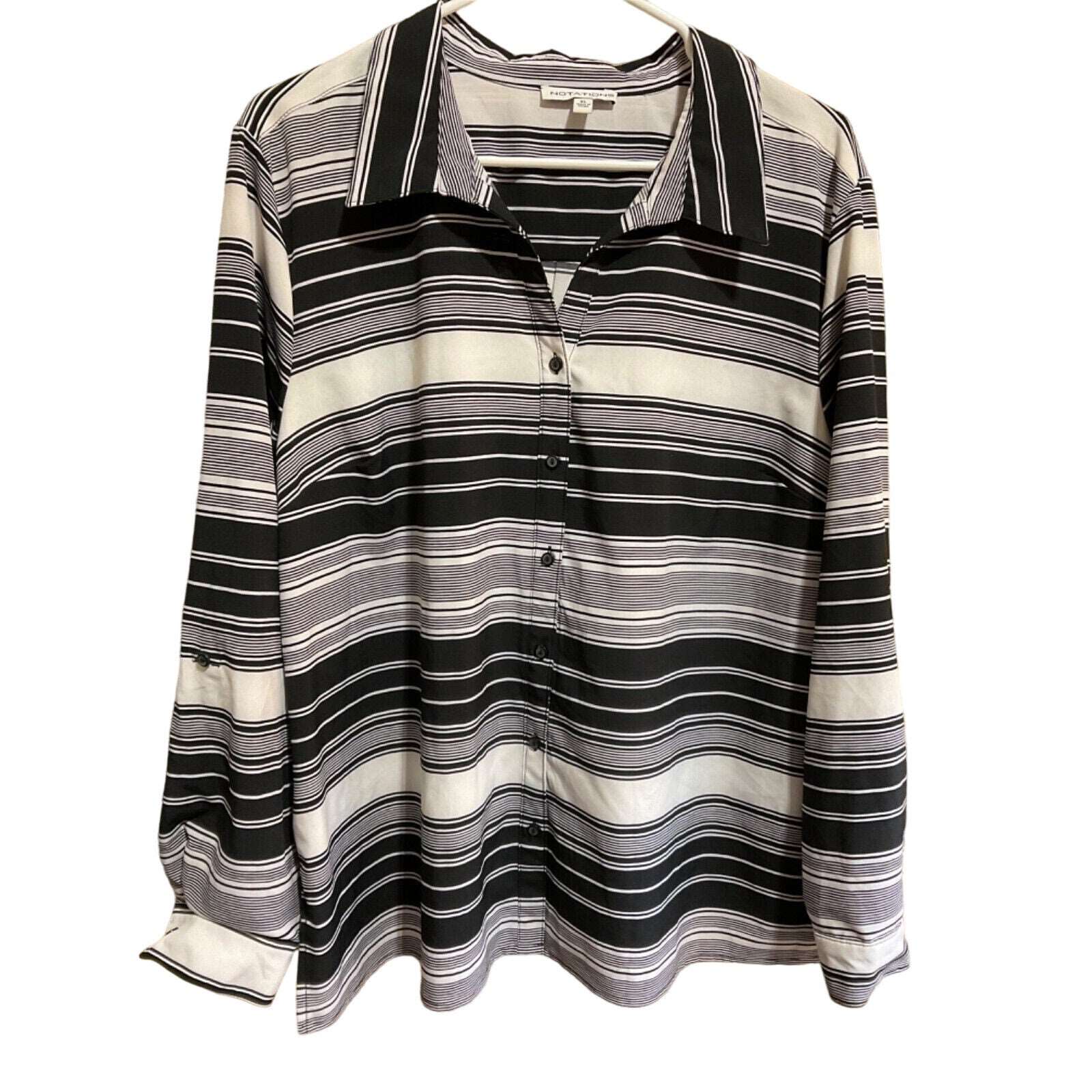 Notations Size XL New Button Closure Striped Top 3/4 Roll Sleeves Spandex Blend