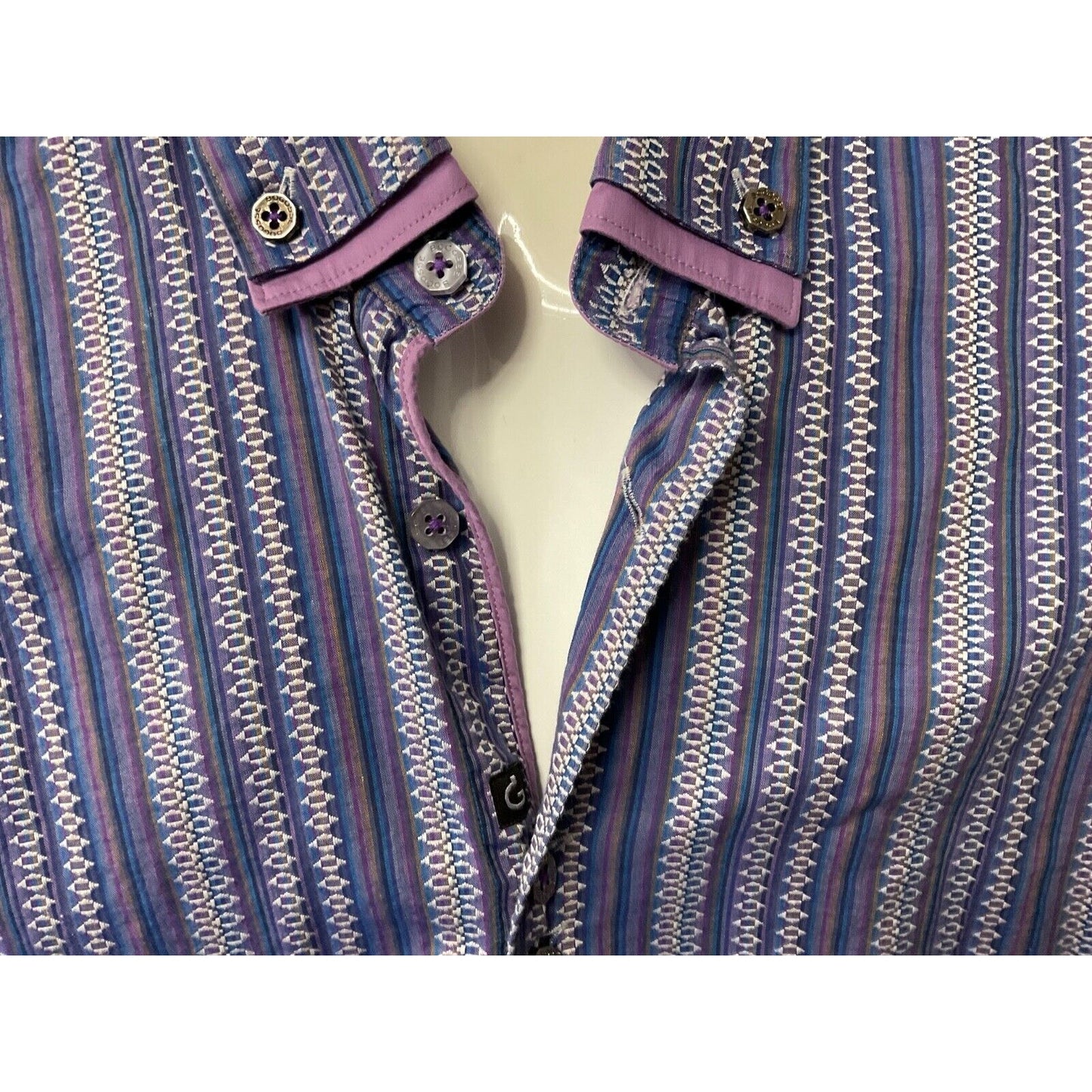 Bogosse Men Western Striped Long Sleeve Button-Up Shirt Purple Blue Cotton SZ 2