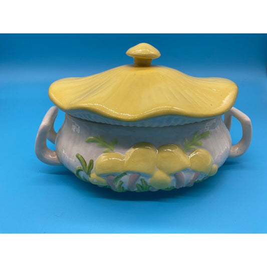 Arnels Mid-Century Yellow Ceramic Soup Tureen Floral Design with Lid 9" Long