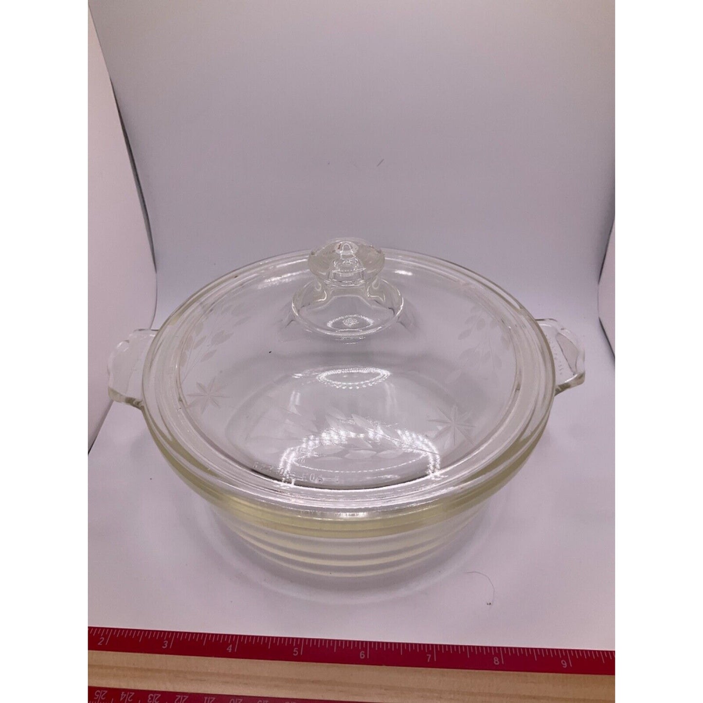 Antique Pyrex Etched Glass Casserole w/ Lid & Farberware Silver Stand Holiday VTG