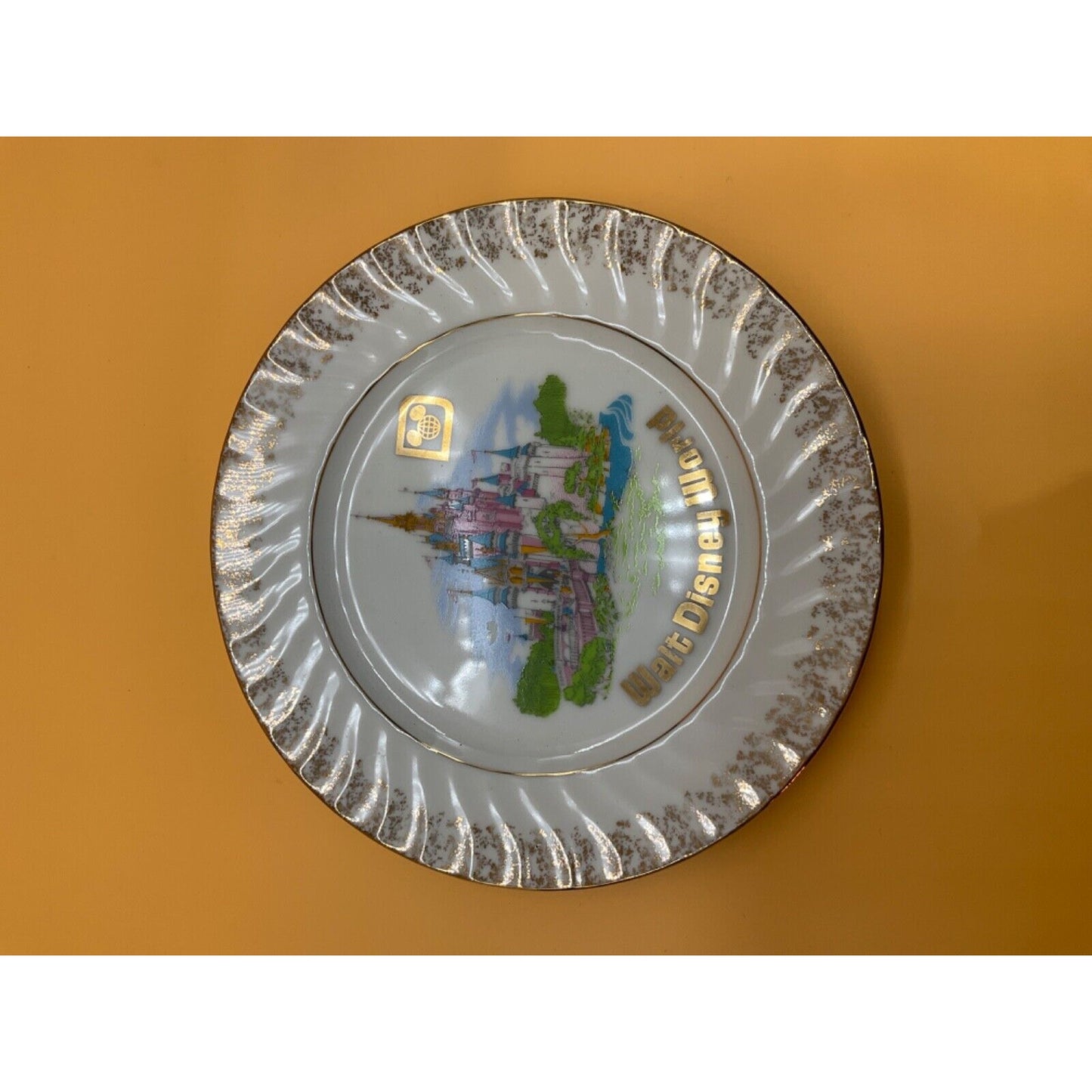 Vintage Walt Disney World Ceramic Plate 7.5" Magic Kingdom Gold Trim Collectible