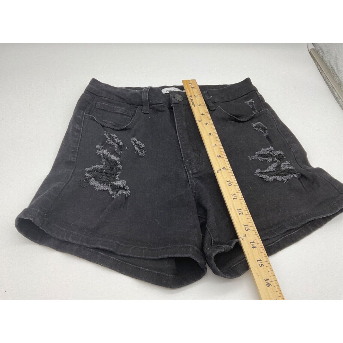 Rue 21 Women's Black Denim Shorts Size 10, Distressed, 5 Pockets, Zip Fly