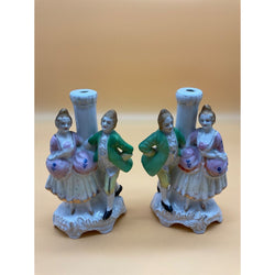 Vintage Made in Japan Victorian Colonial Porcelain Figurine Lamp Bases 8"H