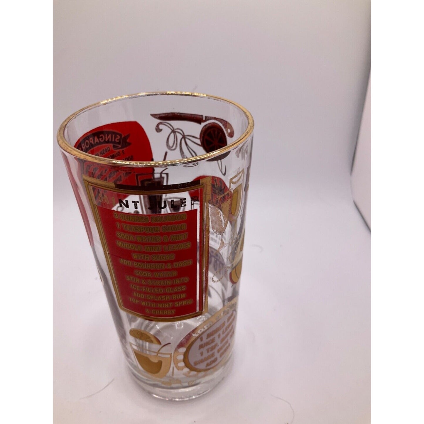 Vintage MCM Highball Collins Cocktail Glasses w/Recipes - 6" Tall, Red & Gold