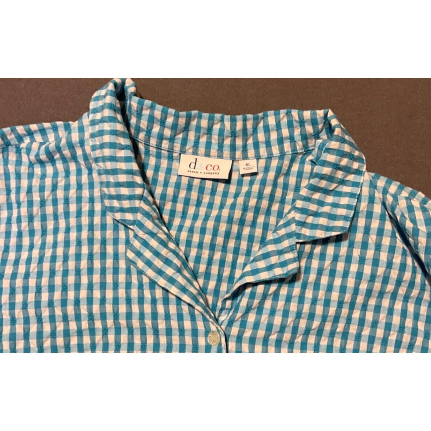 Denim & Co Blue Gingham Check Button Front Shirt Top XL Cotton Blend