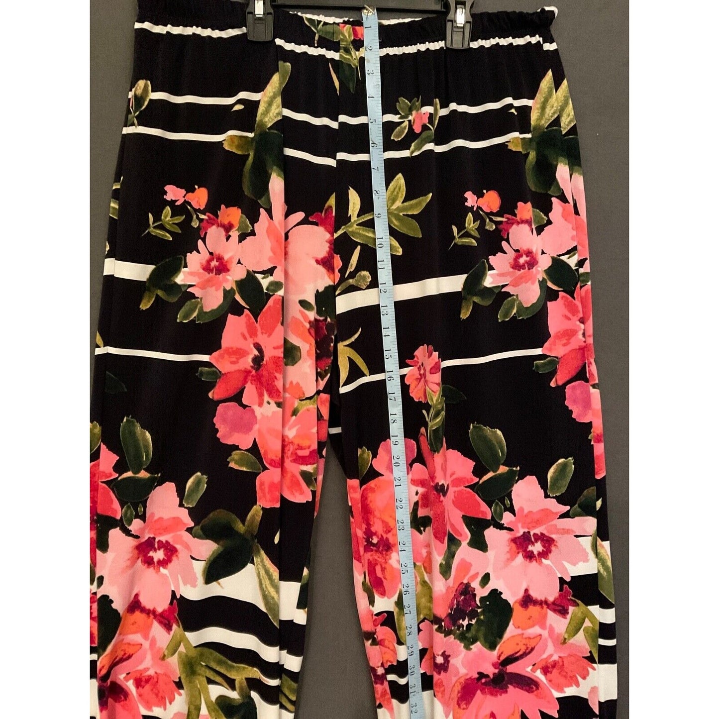 Melissa Paige 2X Floral Striped Pant Black White Pink Polyester/Spandex Art Boho