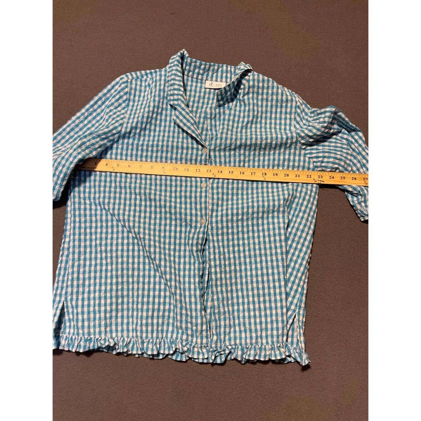 Denim & Co Blue Gingham Check Button Front Shirt Top XL Cotton Blend