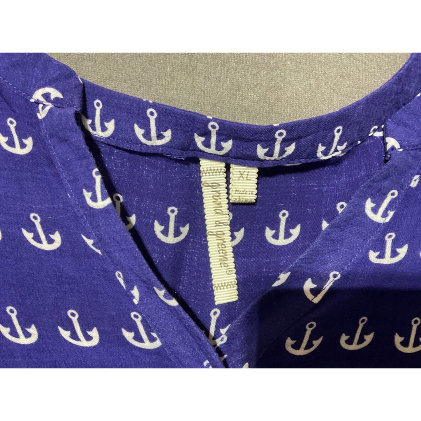 Grand & Greene Anchor Print XL Navy Top 1/4 Button Closure 3/4 Sleeve Nautical