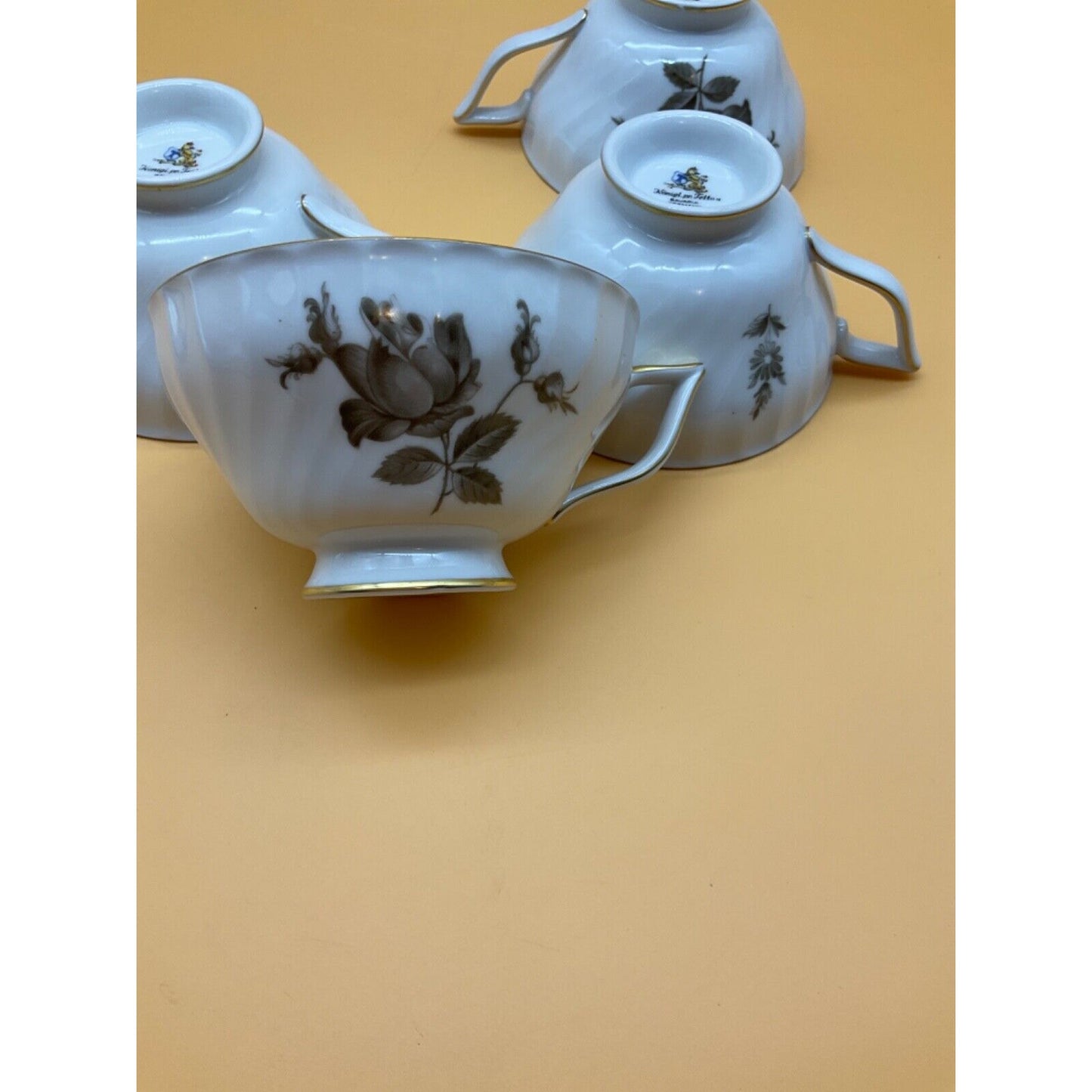 4 Cups Konigl Königl. pr. Tettau Bavaria Germany Grey Floral Gold Trim Vintage