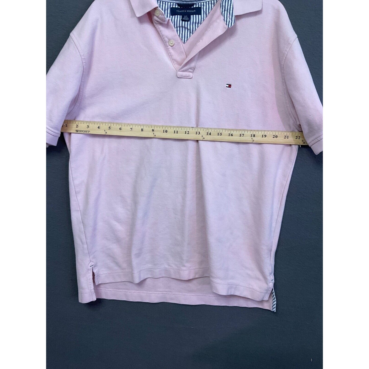 VTG Tommy Hilfiger Large Pink Polo Shirt Striped Collar 100% Cotton LOGO