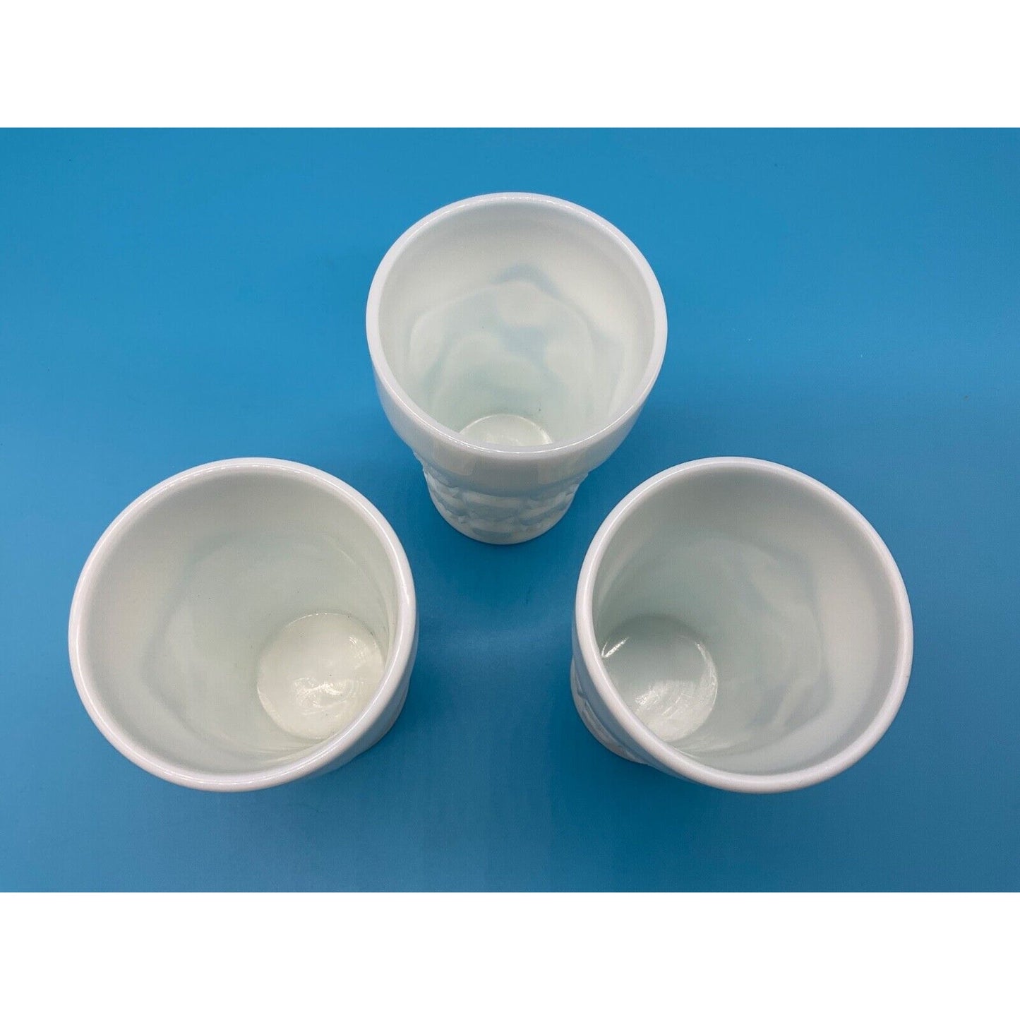 Set of 3 White Milk Glass Tumblers, Cubist Pattern, 5" Tall, Vintage Drinkware