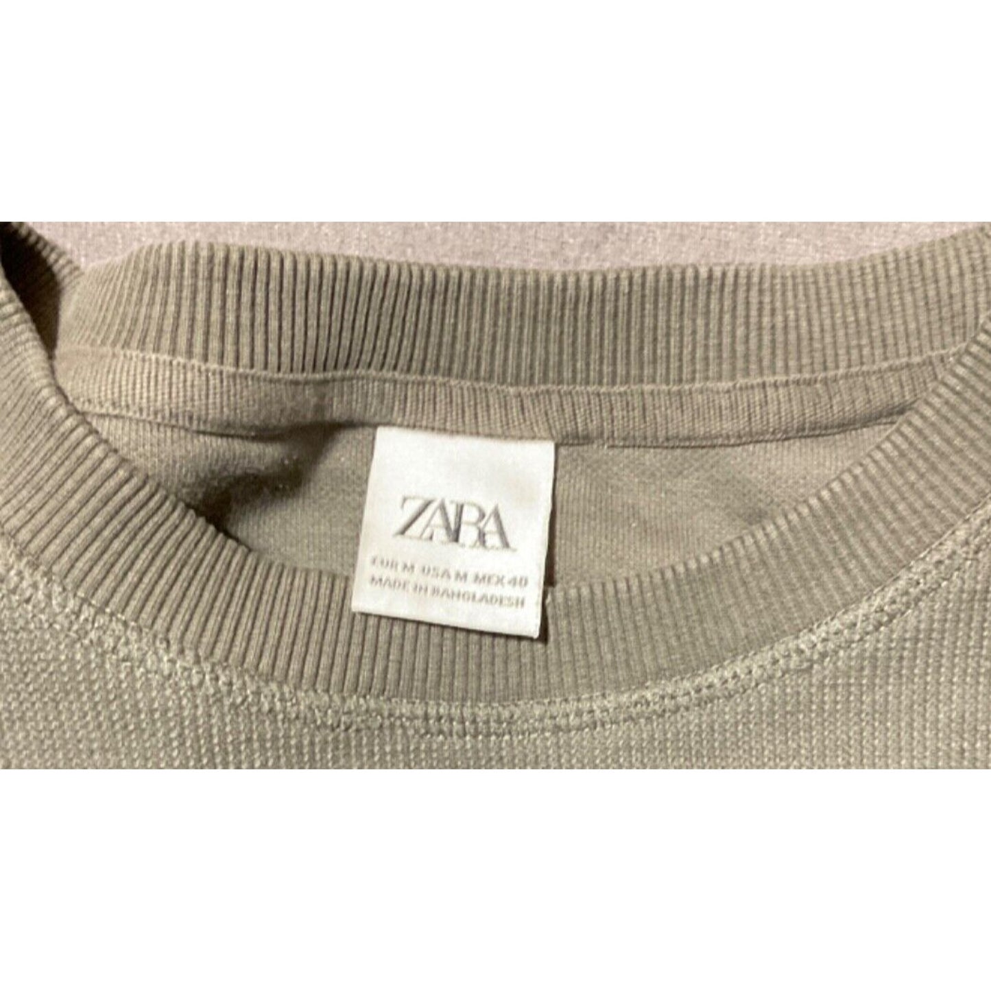 Zara Unisex Olive Green Knit Sweater M Waffle Textured Pullover 100% Cotton