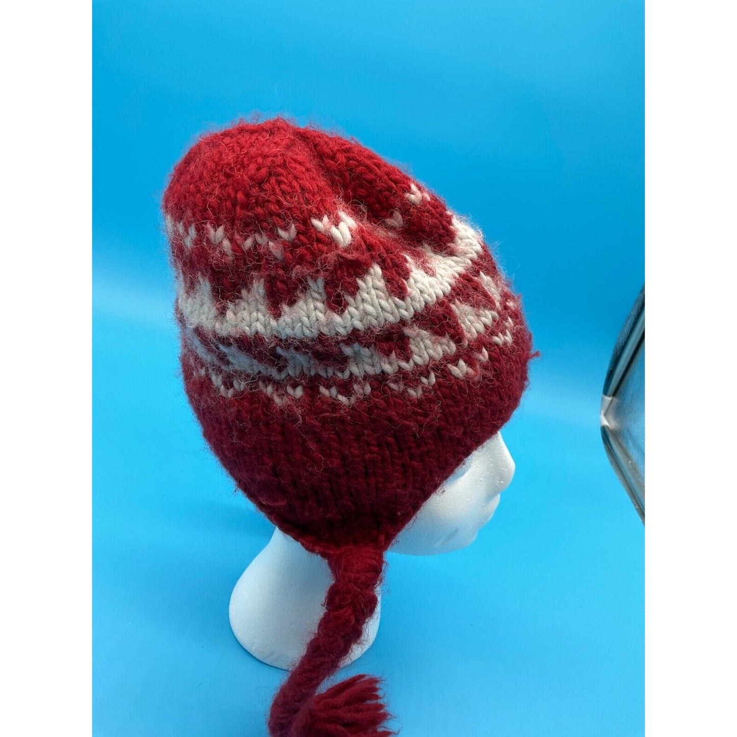 The North Face Red Knit Trapper Hat w/ White Snowflake Pattern One Size Acrylic