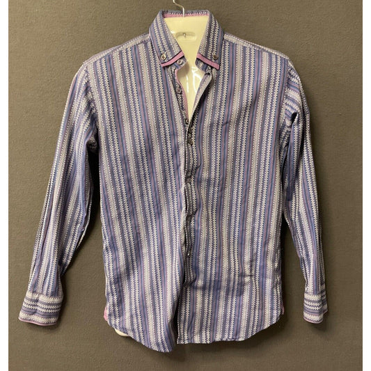 Bogosse Men Western Striped Long Sleeve Button-Up Shirt Purple Blue Cotton SZ 2