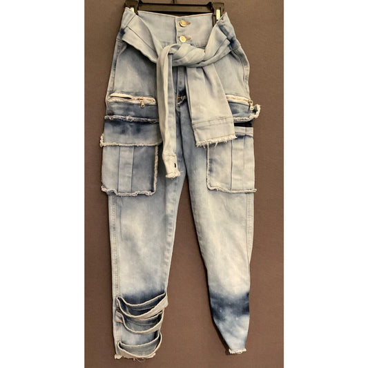 My Boo Brand Distressed High-Waisted Jeans with Tie Belt Size Small Cargo Pocket