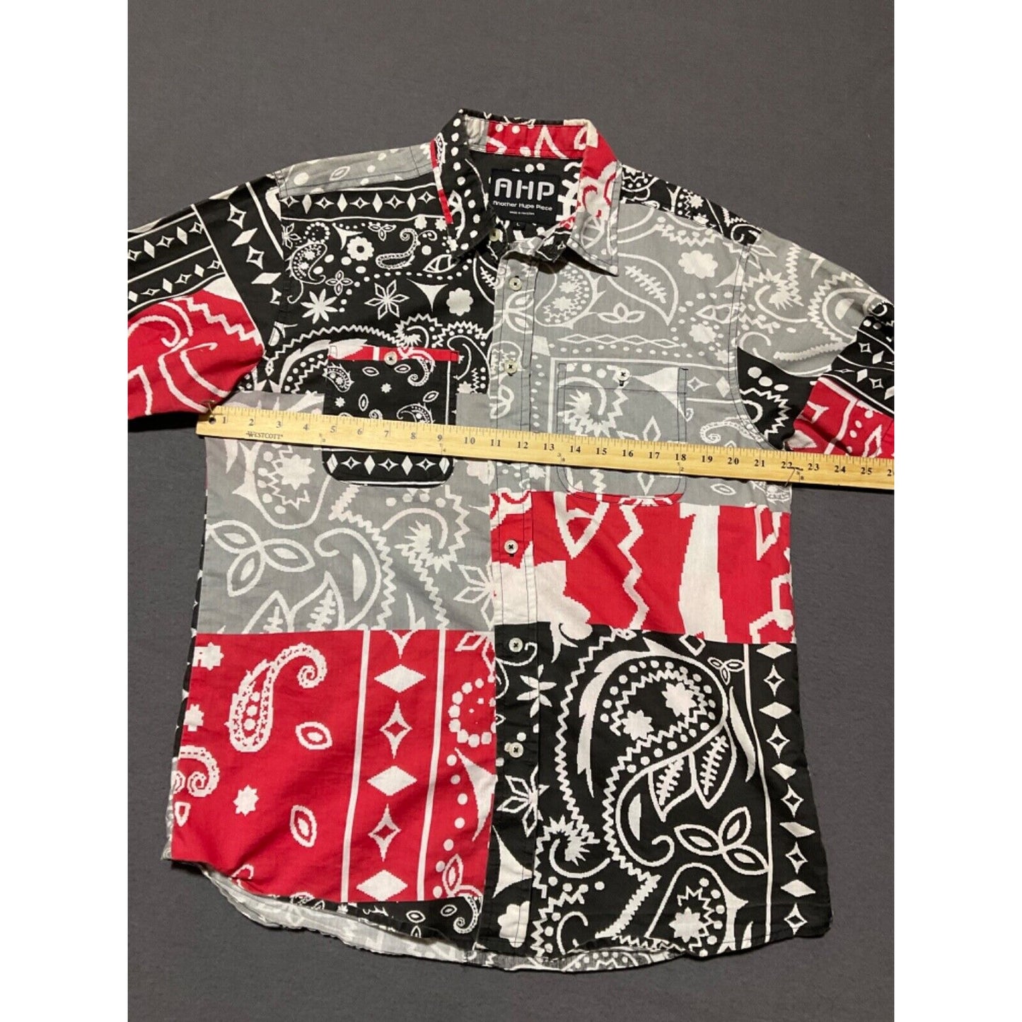 AHP Bandana Print Shirt Size L Red Black Patchwork Button-Up Causal