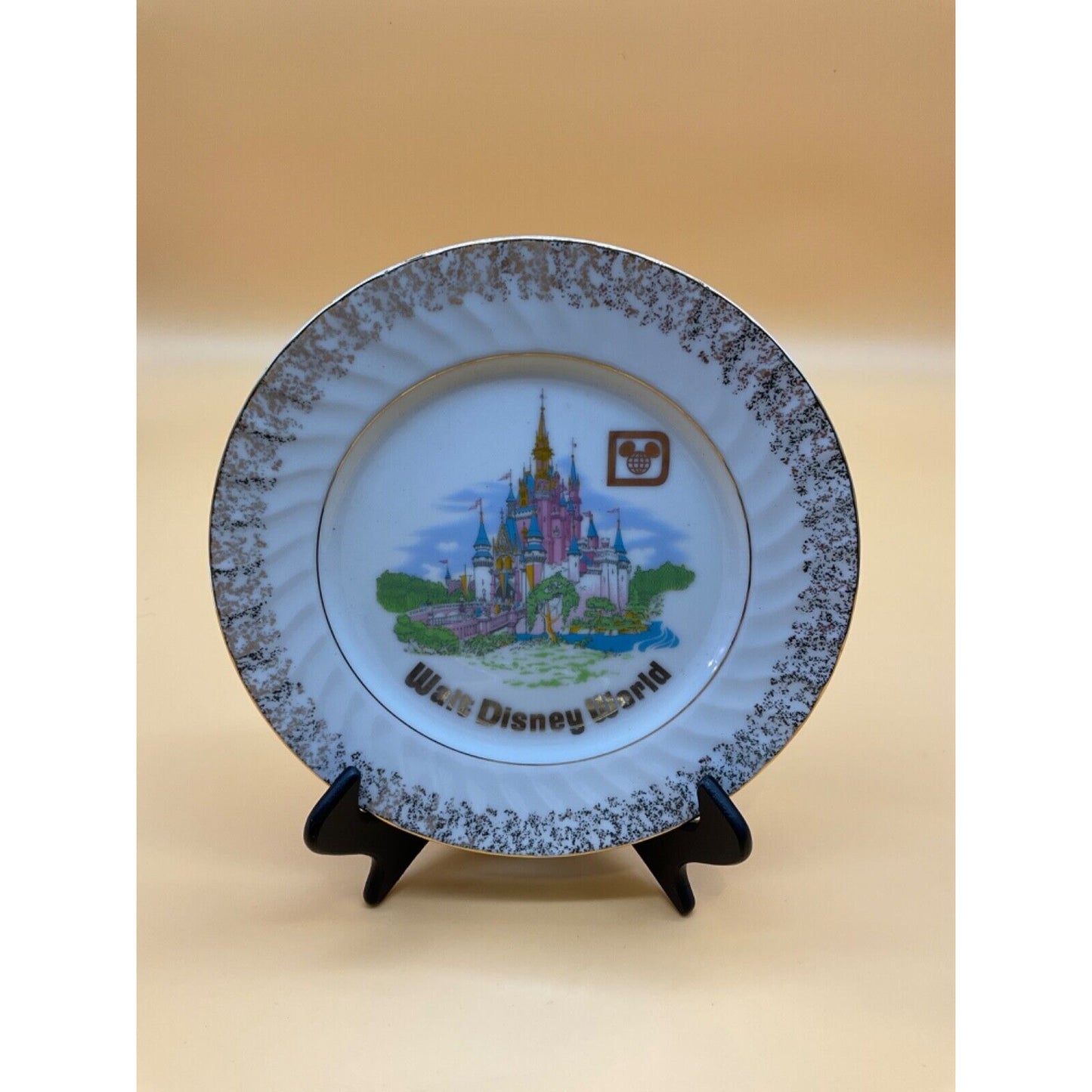 Vintage Walt Disney World Ceramic Plate 7.5" Magic Kingdom Gold Trim Collectible