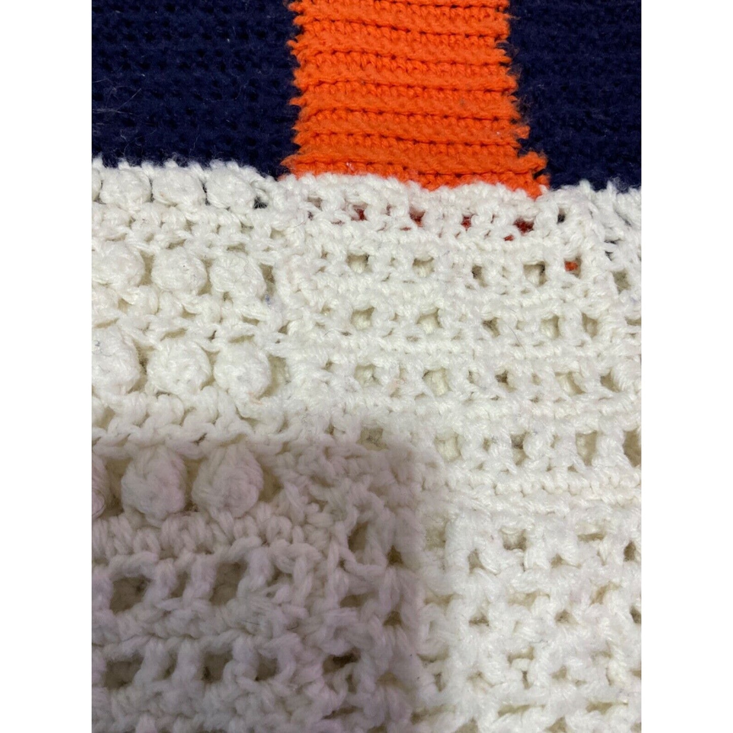 Retro Crochet Afghan Throw Blanket 41" Wide 85" Long Blue Orange White VTG