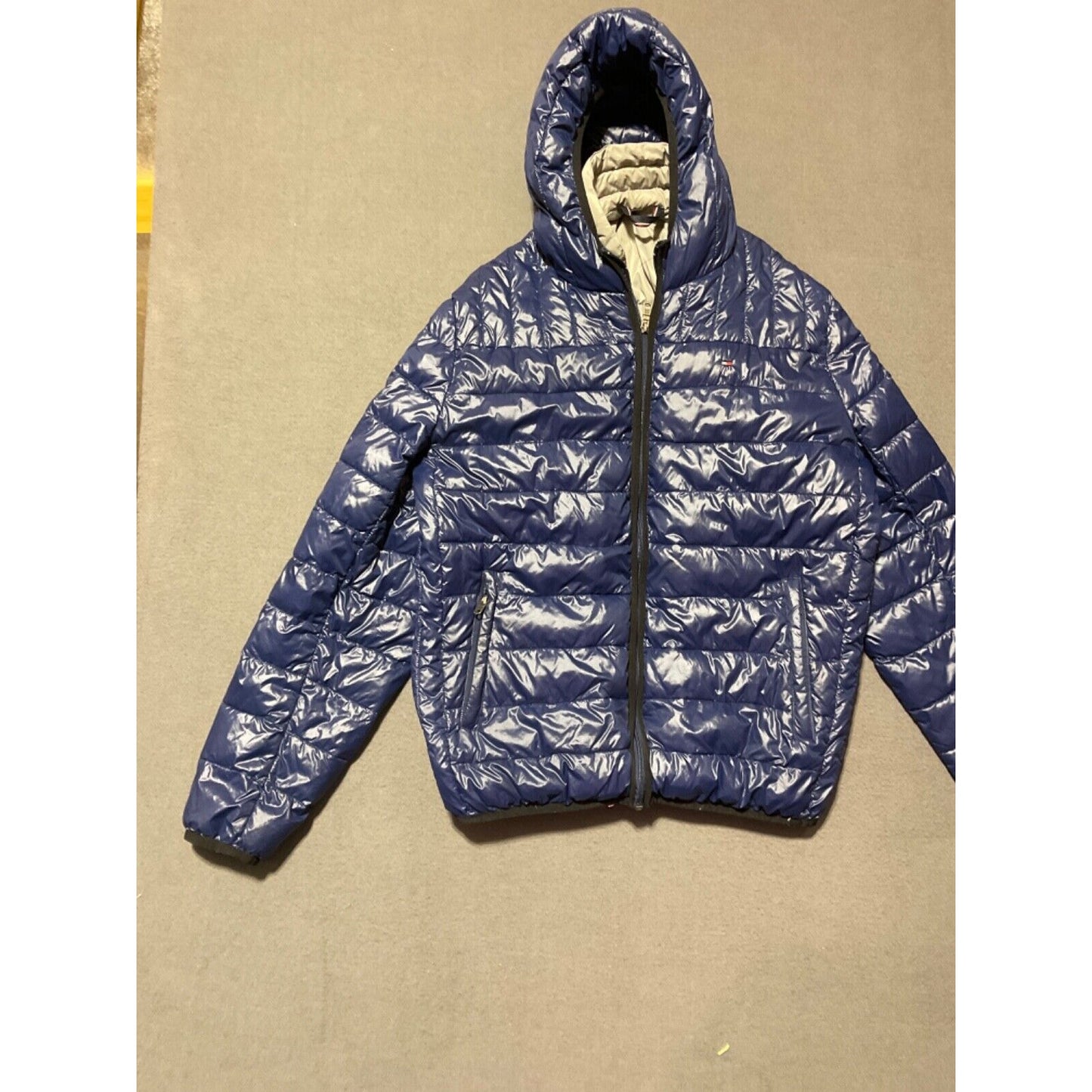 Tommy Hilfiger Hooded Quilted Puffer Jacket Large Blue Full Zip Winter Ski