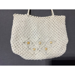 Vintage Crochet Knit Shoulder Bag Ivory Boho 13"W 10"H Wooden Beads Zip Closure