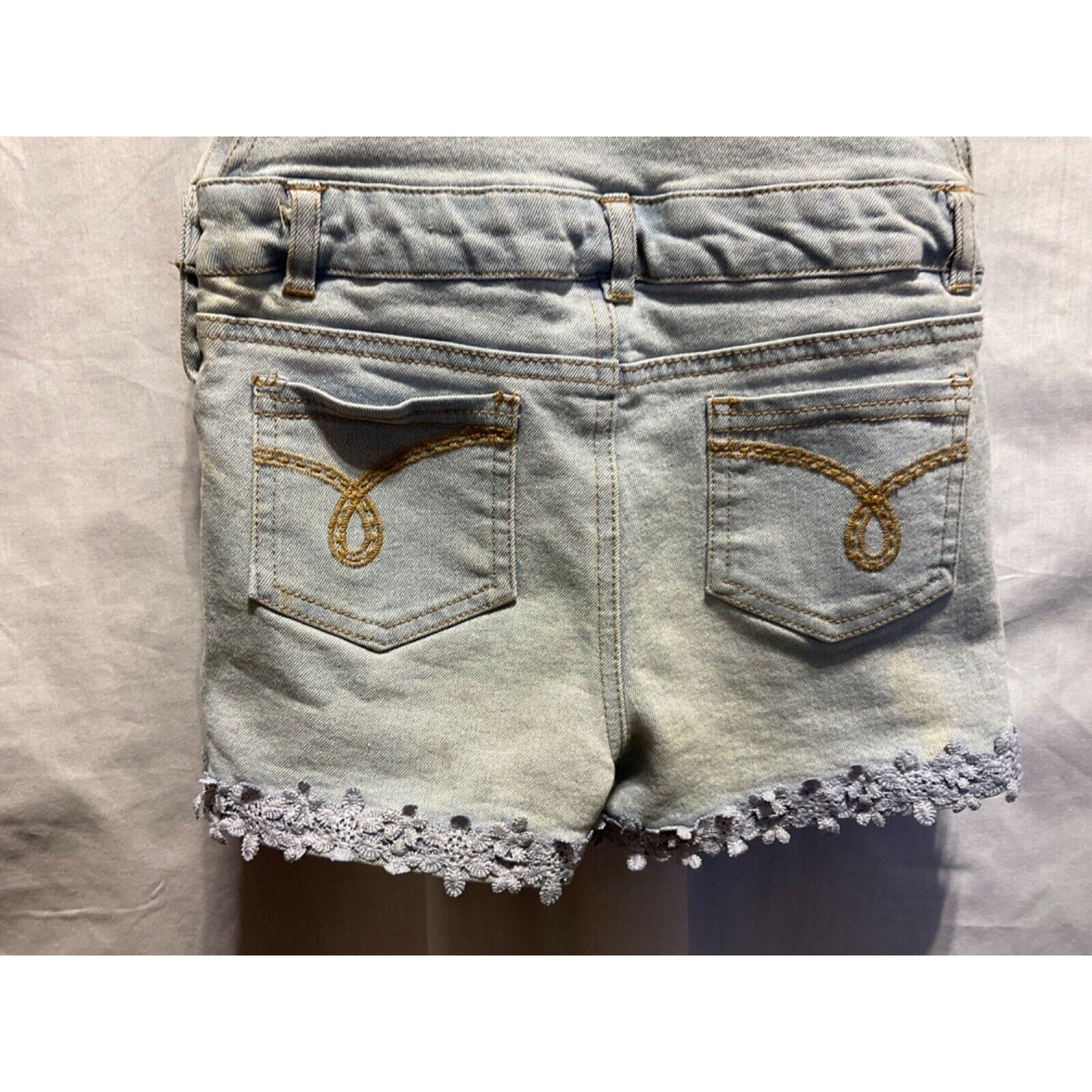 Calvin Klein Girls SZ 5 Denim Shorts Overalls Light Wash Lace Embellished Flaws