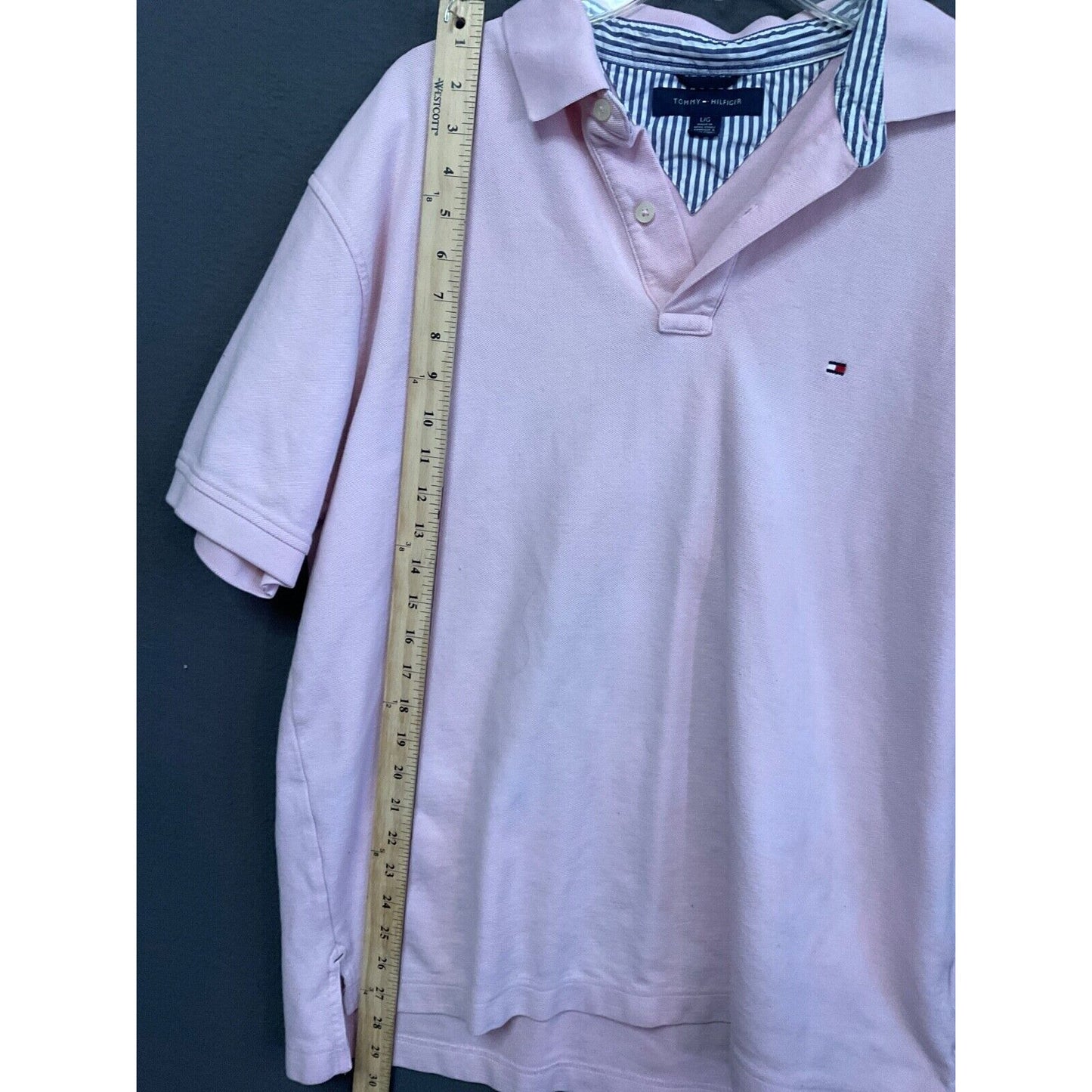 VTG Tommy Hilfiger Large Pink Polo Shirt Striped Collar 100% Cotton LOGO