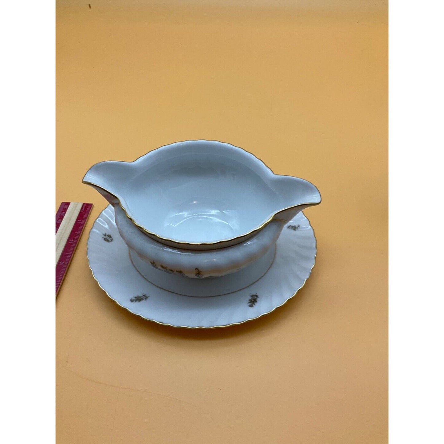 Royal Tettau Dawn Rose Gravy Boat w/ Attached Plate, 1960s, Platinum Trim