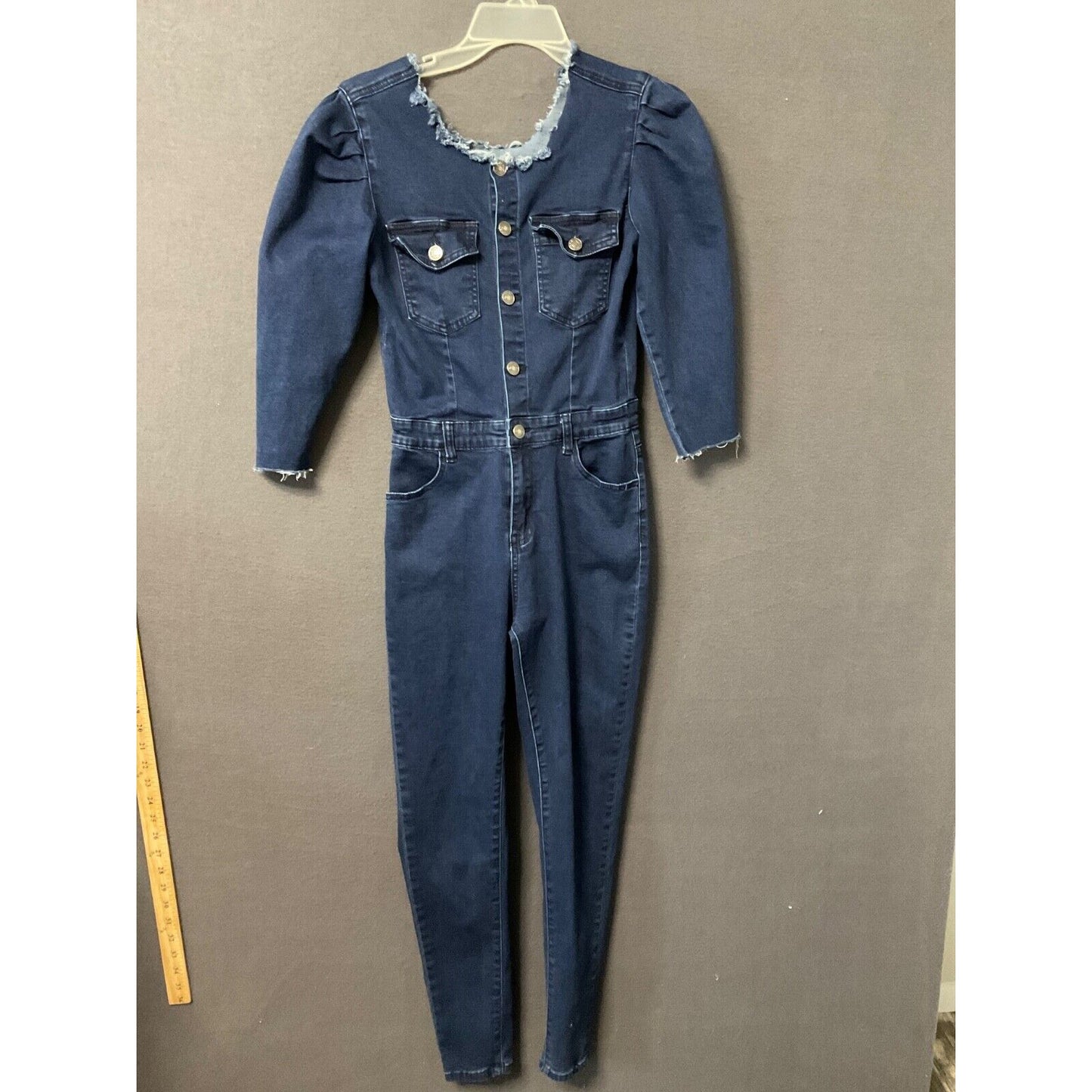 Women's Blue Denim Button-Up Jumpsuit S Fringe Collar Long Sleeve Retro 90's