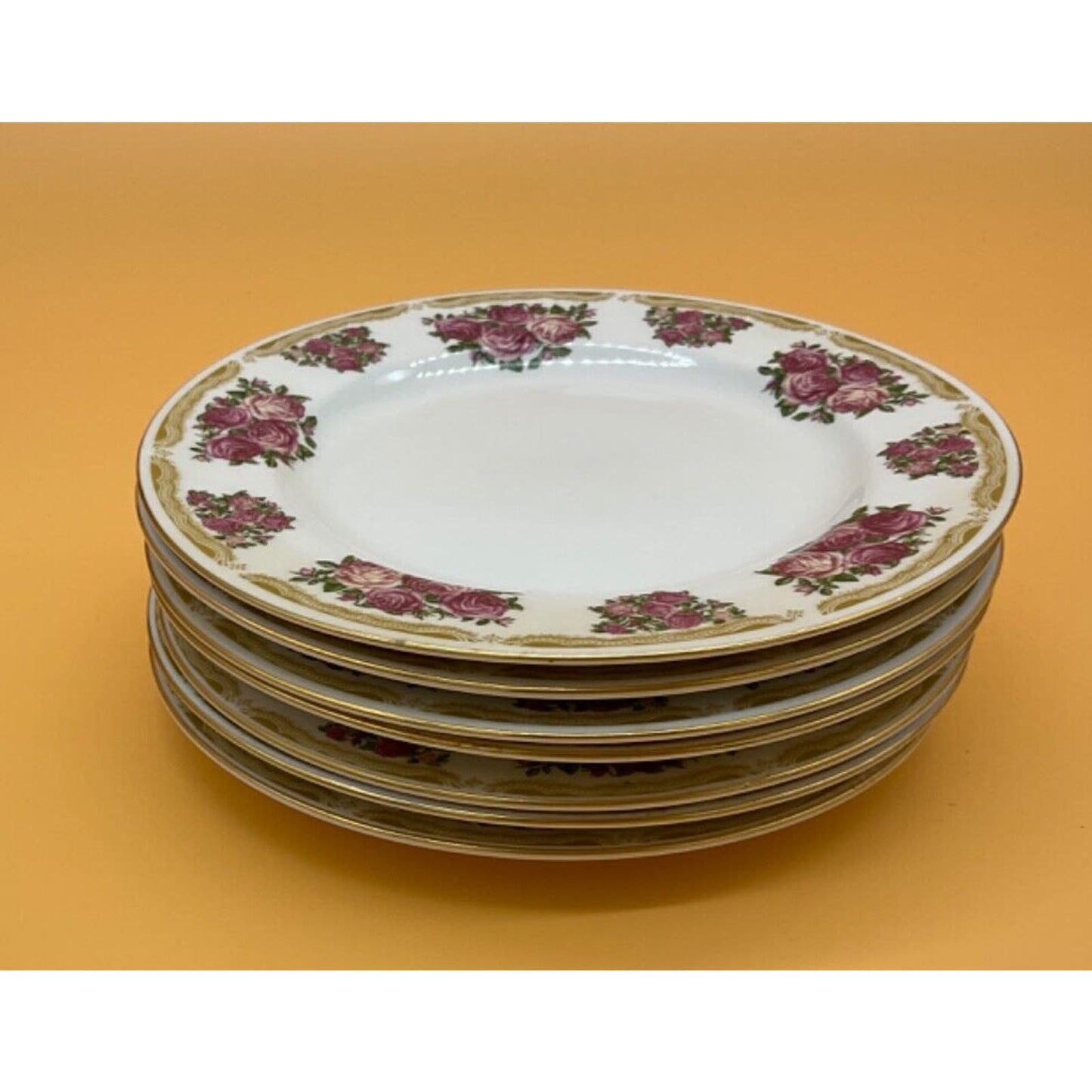 Farberware Set of 7 VTG Sydney Roses 4092 Fine China Dessert Plates 8" GOLD TRIM