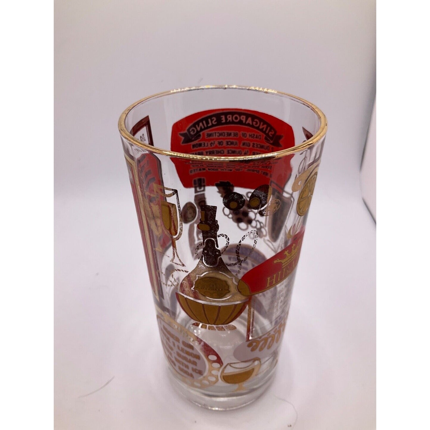 Vintage MCM Highball Collins Cocktail Glasses w/Recipes - 6" Tall, Red & Gold