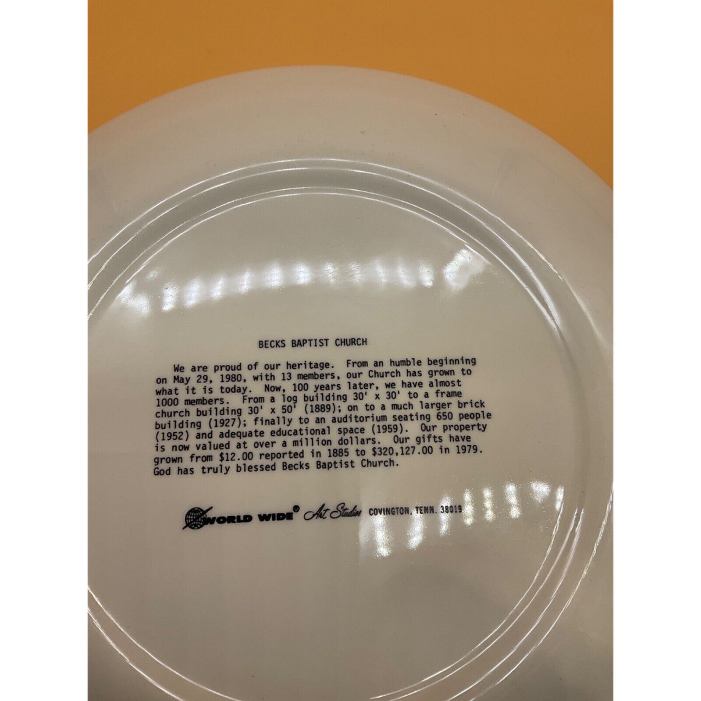 Beck Baptist Church 100th Anniversary Plate 1880-1980 Winston-Salem NC 10"